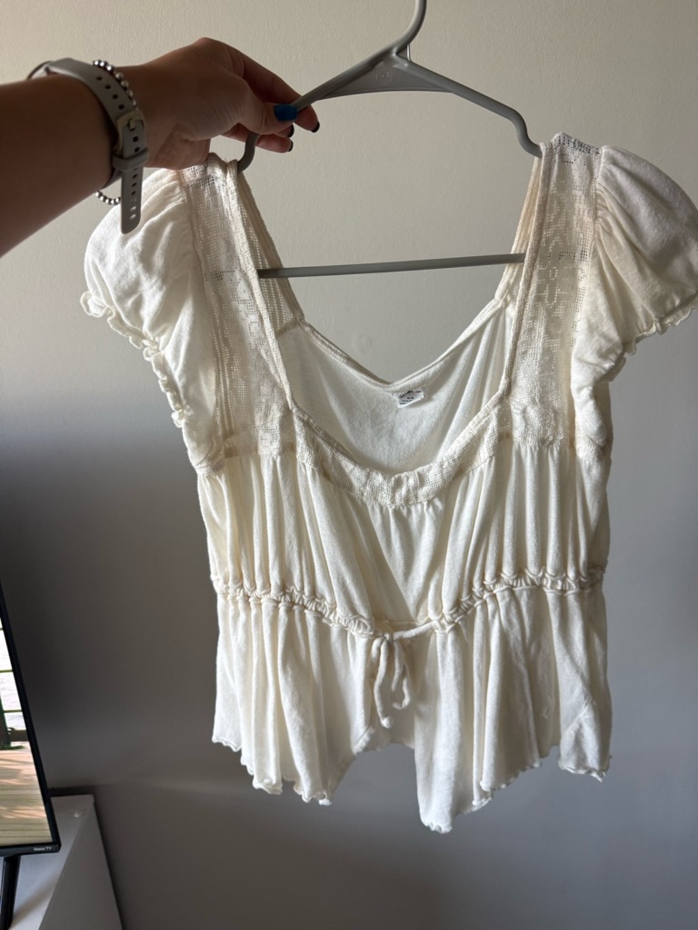 Boho Peasant Top - Cream Short Sleeve with Drawstring Waist